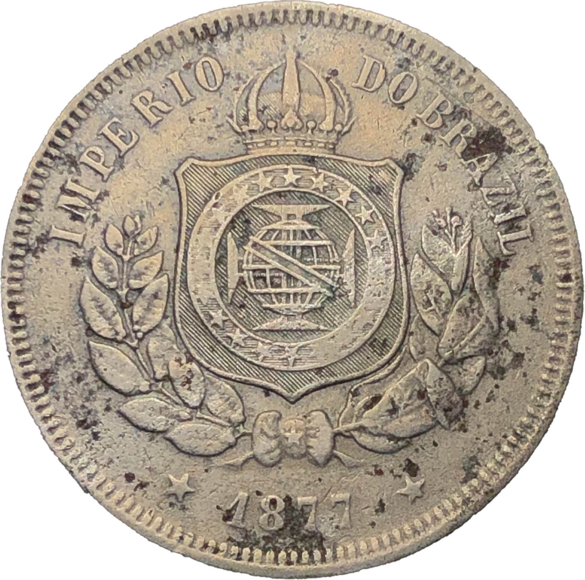 Moeda do Brasil 100 réis 1877 V007 Cupro níquel