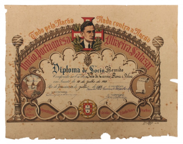 Diploma de sócio remido da União Portuguesa Oliveira Sa