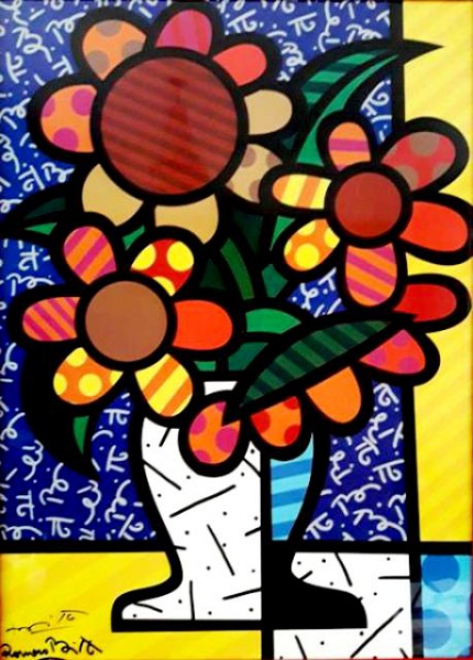 Romero Britto Vaso De Flores Gravura Ricamente Emo