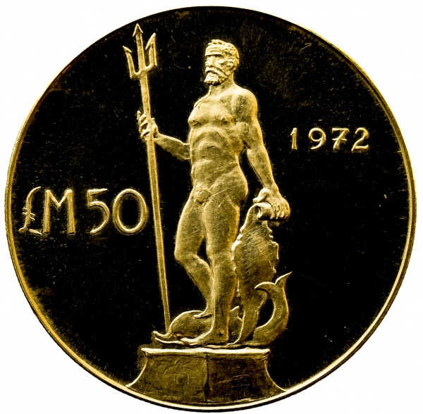 Moeda de Malta 50 Lire Lira 1972 Estátua de Net