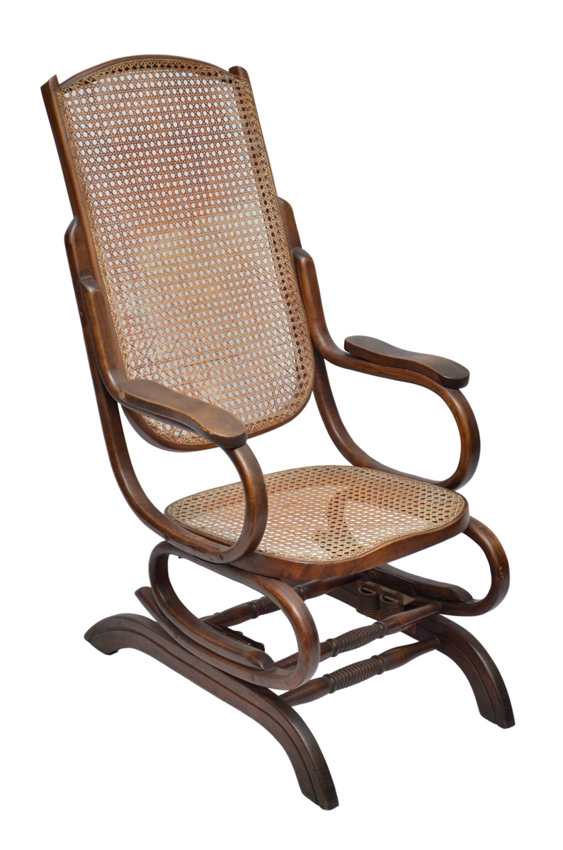 Antiga cadeira de balanço à mola em madeira nobre com e Antiga cadeira de balanço à mola em madeira nobre com e