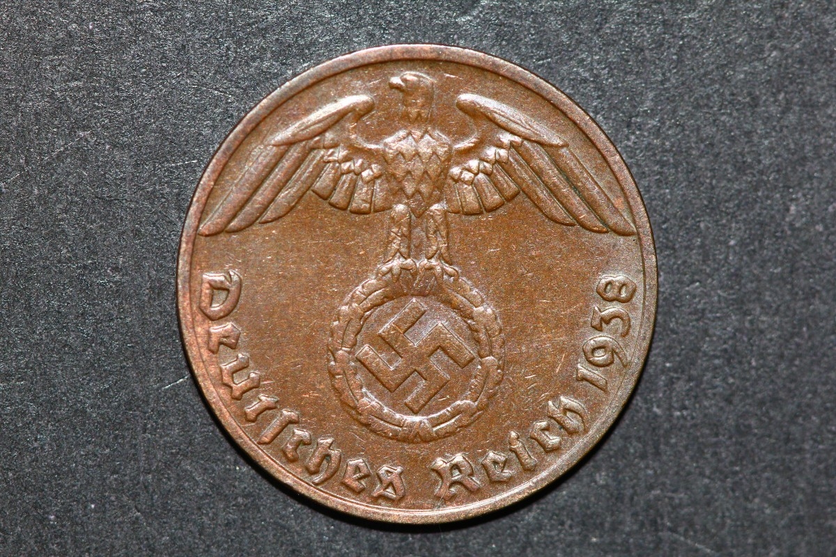 Moeda Alemanha Nazista - 1 Pfennig - 1938 E - BRONZE