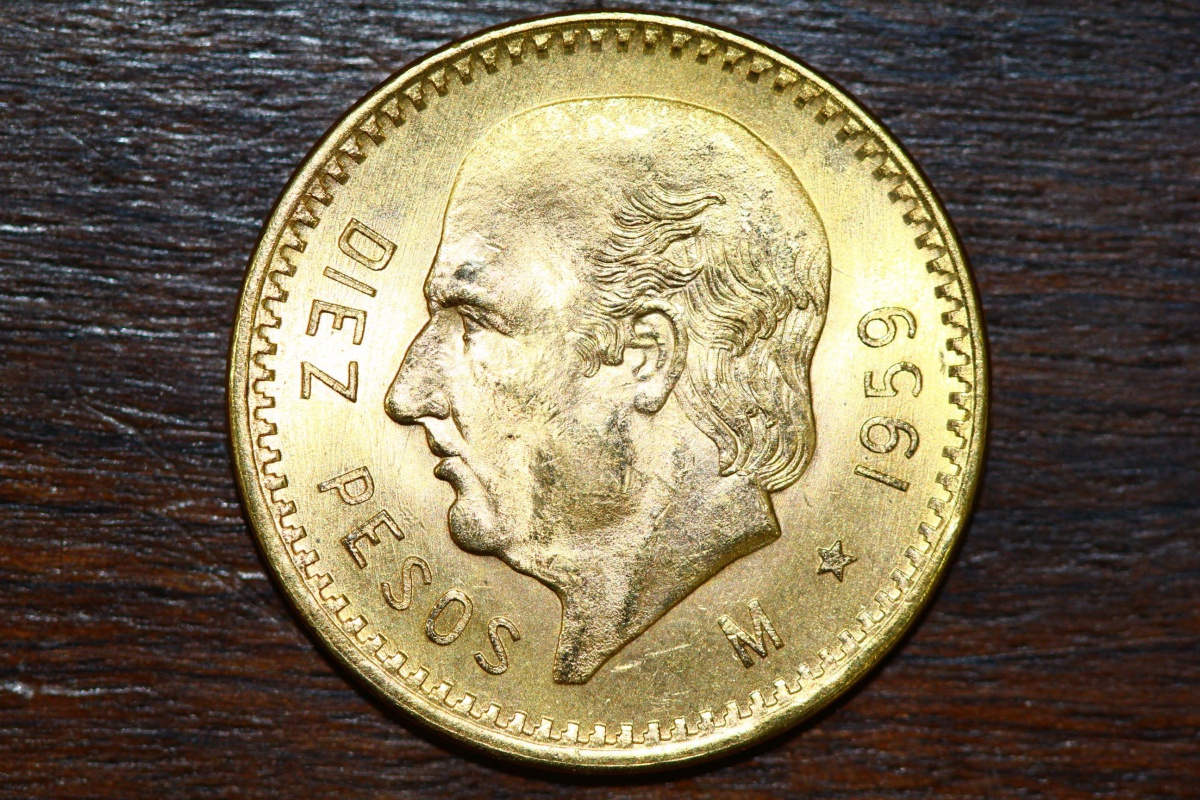 Moeda México - 10 Pesos - 1959 - OURO - 8.3 g - ÓTIMA O