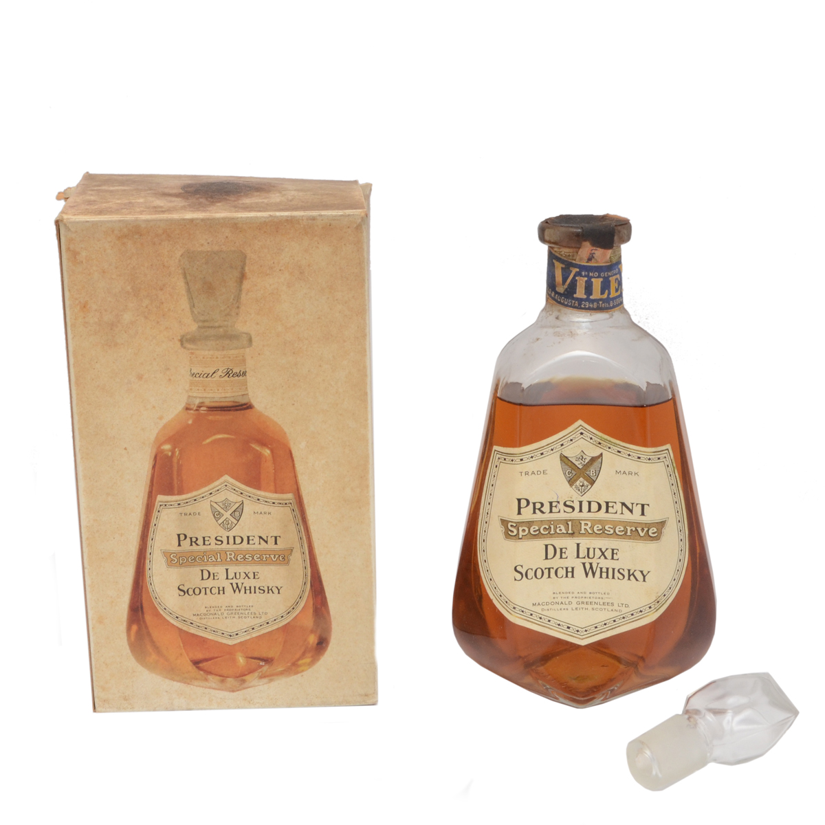 President Special. Reserve de Luxe. Scotch Whisky. Macd