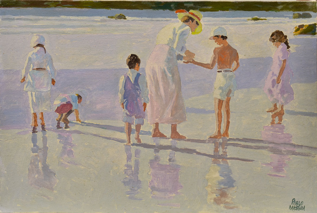 ブラジル アルゼンチン画家 Pablo Matania パブロ・マターニア　絵画 PABLO MATANIA. Na praia. Óleo sobre tela. Assinado no
