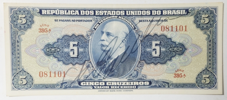 Brasil - cédula de 5 cruzeiros C017 no estado MBC/S - autografada.