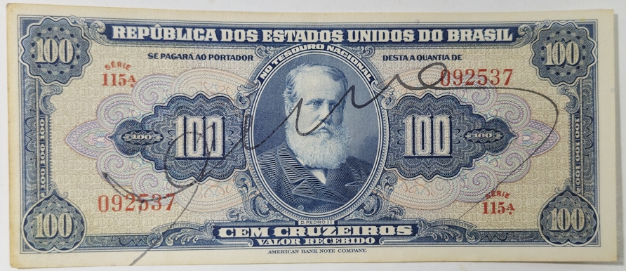 Brasil - cédula de 100 cruzeiros C029 no estado MBC - autografada.