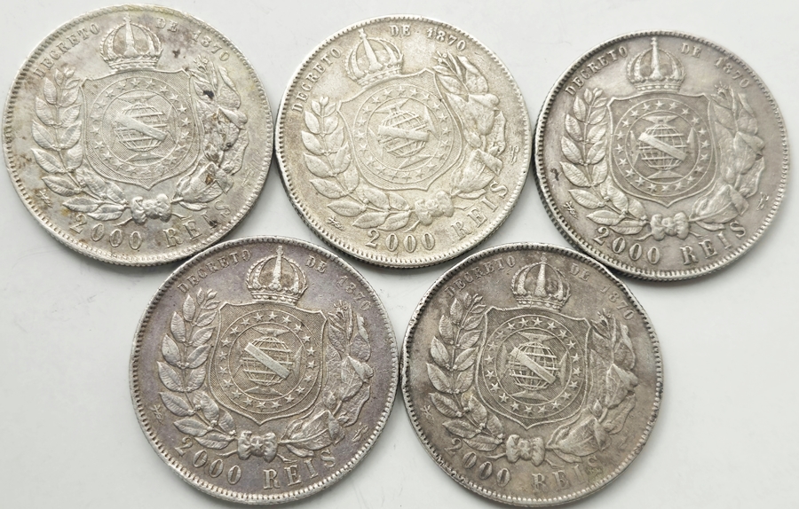 Brasil - 5 moedas de Prata de 2000 réis ano 1889.