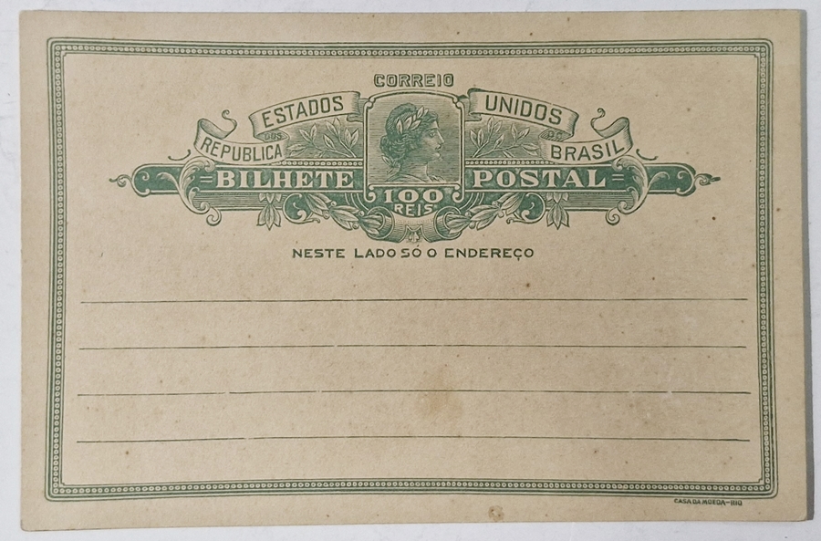 Brasil - Bilhete Postal de 100 réis (BP-80) sem uso ano 1921 "Cabeça da Liberdade".