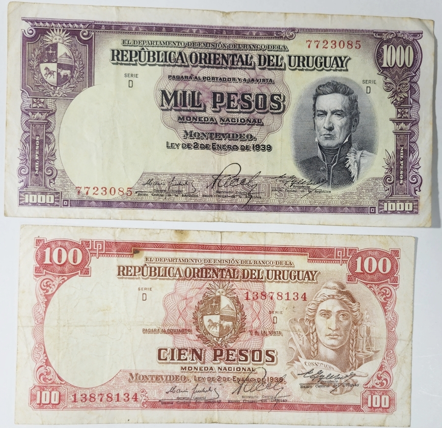 Lote com 2 cédulas do Uruguai ano 1939.