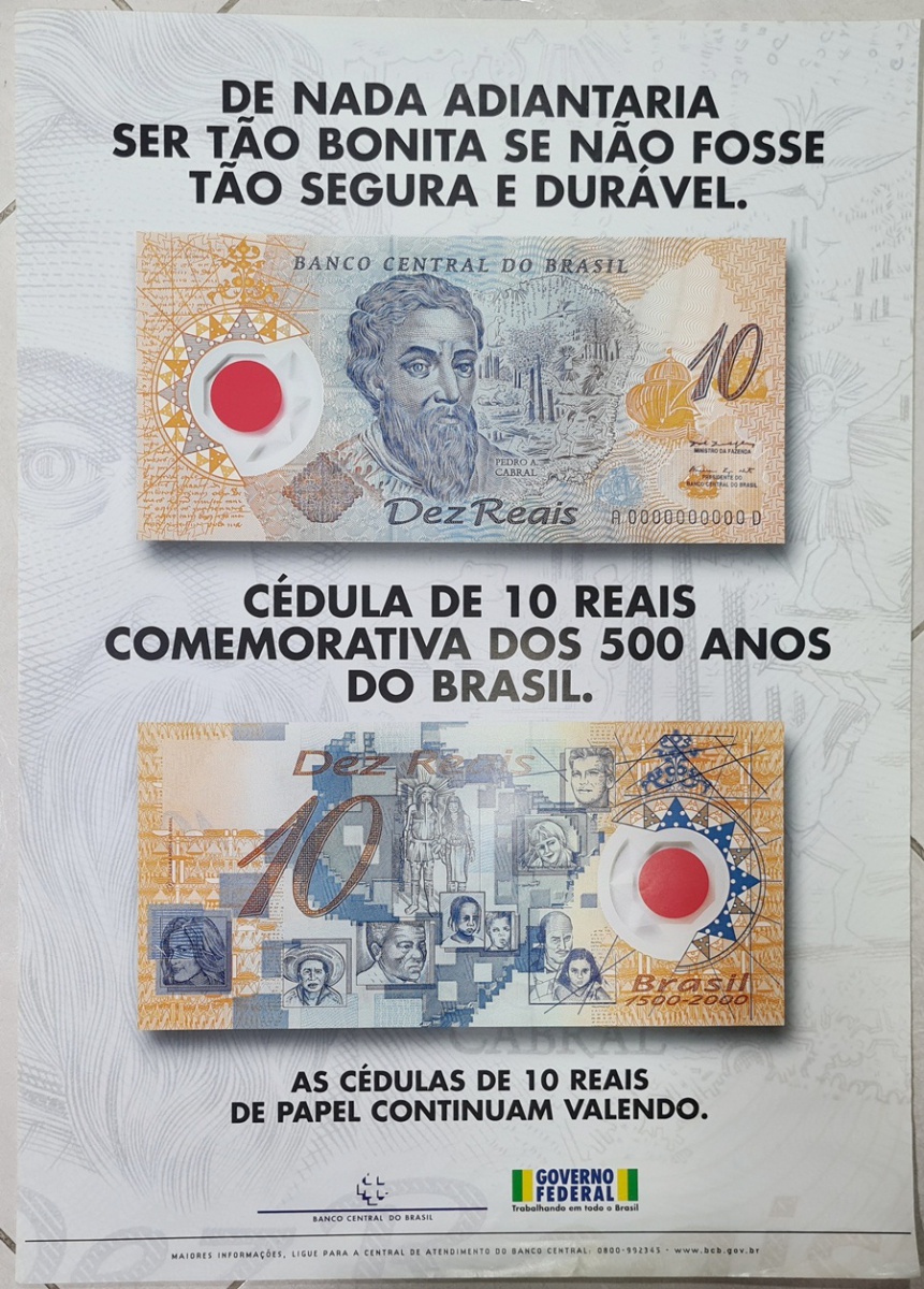 Brasil - Lote com belo folder original do lançamento da cédula de 10 reais em polímero emitido pelo Banco Central no ano 2000. Mede 46x64cm. Bom para emoldurar e decorar seu escritório numismático ou loja.