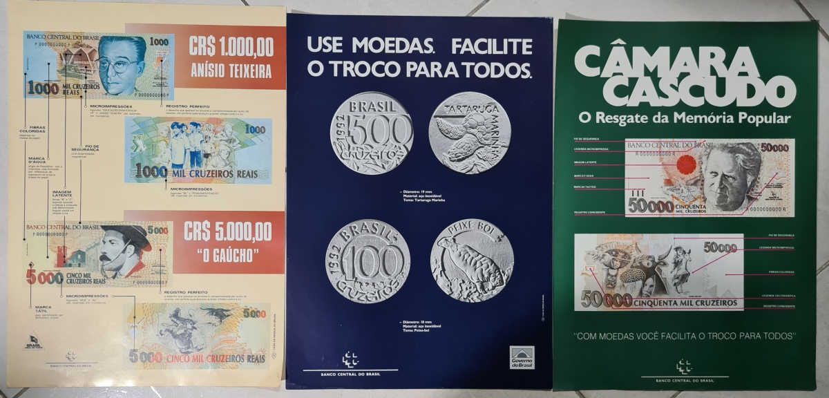 Brasil - 03 belos folders originais de lançamento das moedas e cédulas emitido pelo Banco Central. Mede cada um 30x40 cm. Bom para emoldurar e decorar seu escritório numismático ou loja.