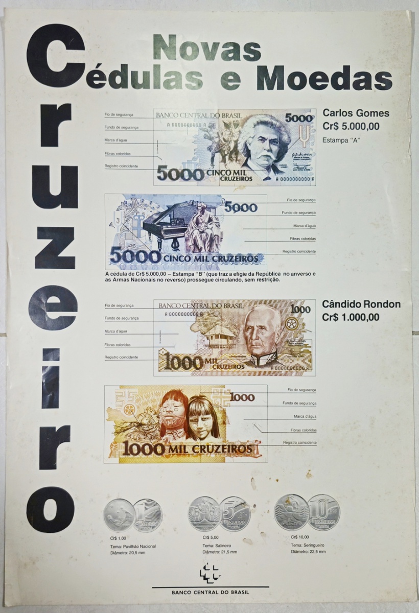 Brasil - Lote com belo folder original do lançamento das novas cédulas e moedas de cruzeiro emitido pelo Banco Central no ano 1990. Mede 42x61cm. Bom para emoldurar e decorar seu escritório numismático ou loja.