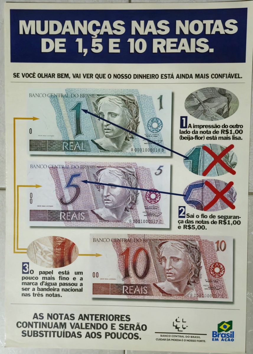 Brasil - Folder original informativo das mudanças das notas de 1, 5 e 10 reais relacionadas a segurança. Mede 42x61cm. Bom para emoldurar e decorar seu escritório numismático ou loja.