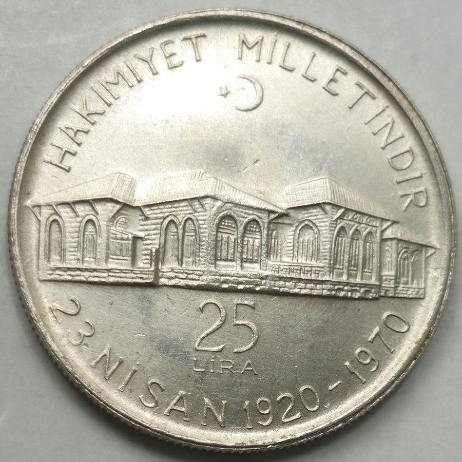 Turquia - linda moeda de 25 liras em prata .830 ano 1970: Peso 14,6 gramas.