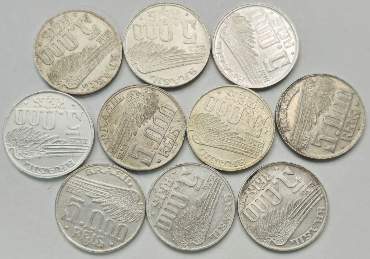 Brasil - Lote com 10 moedas de 5000 réis em prata ano 1936, estados S e FC.