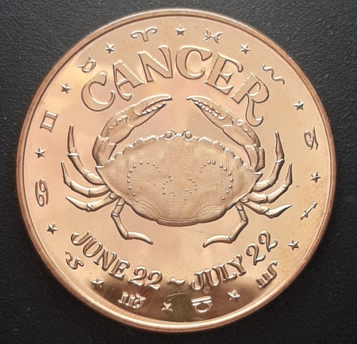 E.U.A. - SIGNO DE CANCER - UMA ONÇA DE PURO COBRE .9999 - PROOF EM FORMA DE MOEDA GRANDE - LINDA PEÇA DE COLEÇÃO