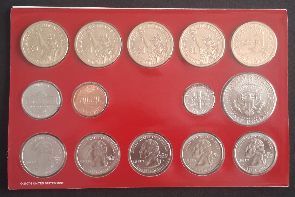 Estados Unidos Coin Set 2008 D ( Denver ) - 14 Moedas Lacradas - São 5 Moedas Quarter Dolar Comemorativa ( 5 Moedas 1 Dollar comemorativo Presidentes ) - Encarte Original - Fc
