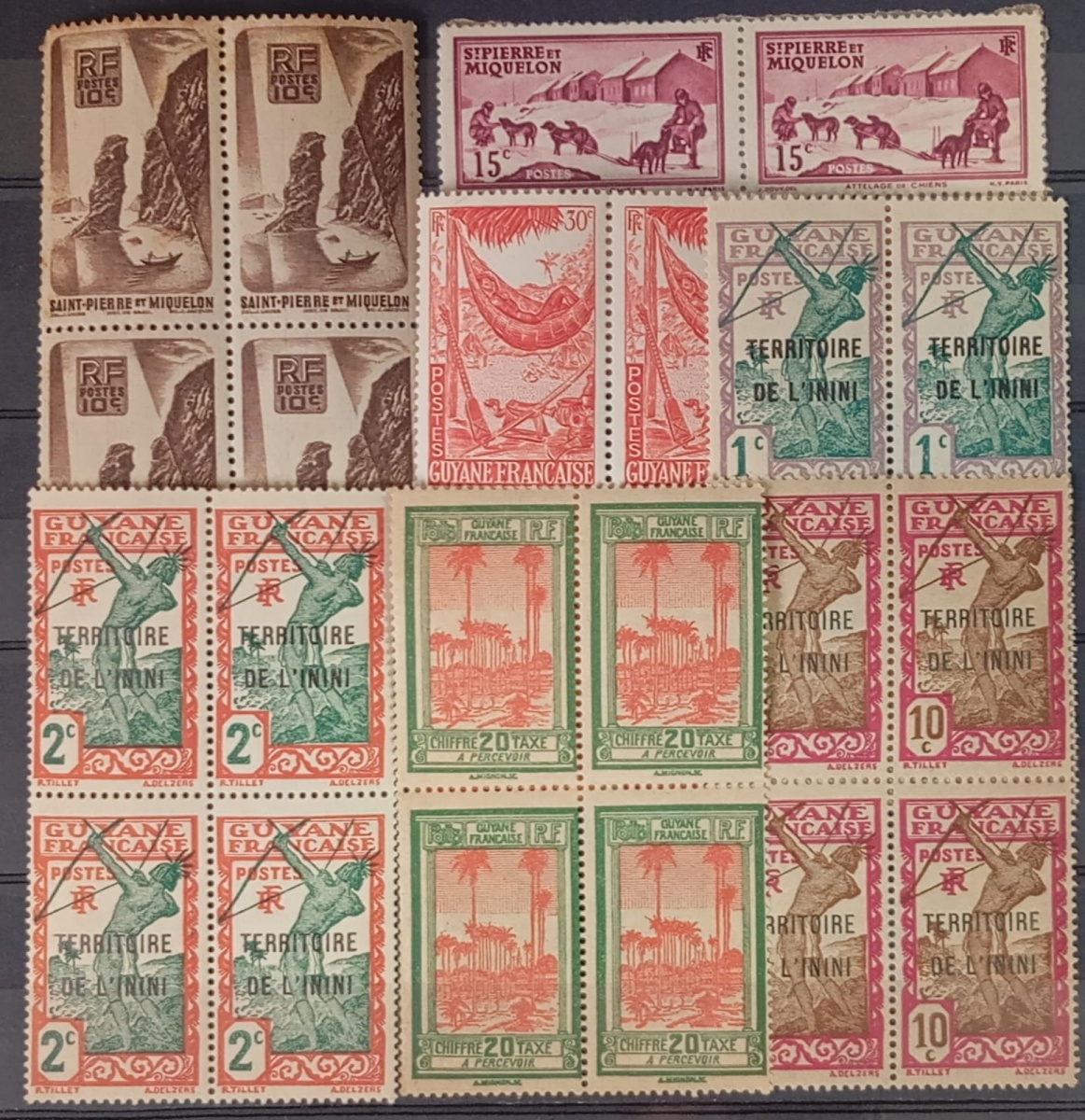 Colônias Francesas - Seleção de 7 quadras antigas, diferentes, de selos das antigas colônias francesas, sem carimbo e com goma.