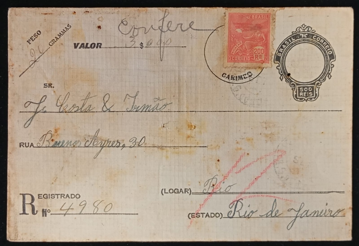 Brasil 1926 - Envelope Inteiro Postal para remessa de valor no valor de 500 réis circulado para o Rio de Janeiro para a Filatélica J. Costa, certamente um filatelista pagando por alguma aquisição. Selo adicional Vovó ...