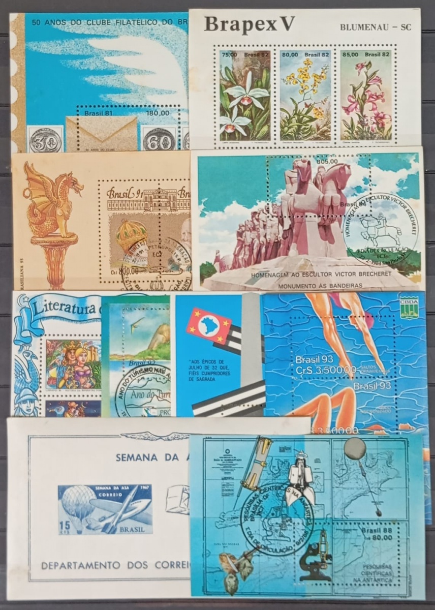 Brasil - Seleção de 10 blocos do Brasil, todos diferentes sem carimbo ou com carimbos comemorativos. Alguns podem apresentar leves pontos de óxido  no verso. Valor de catálogo acima de R$ 200,00.
