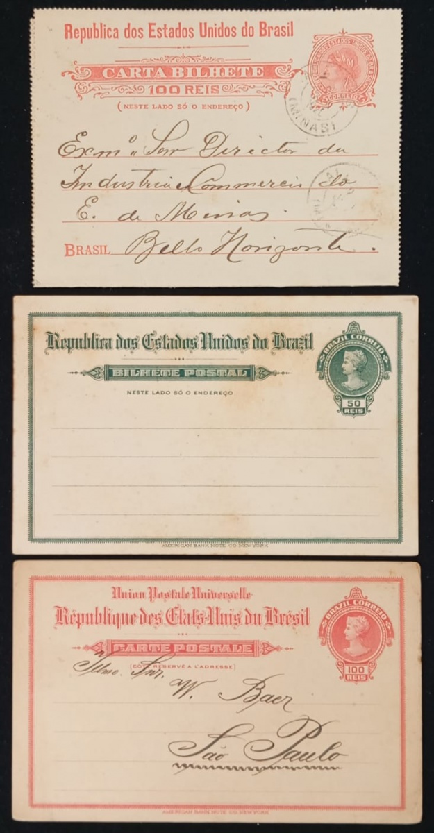 Brasil - Seleção de antigos inteiros postais, circulados ou não do tipo Carta Bilhete e Bilhete postal, diferentes e em perfeito estado de conservação. Valor de catálogo acima de R$ 200,00. As peças são exatamente as da ...