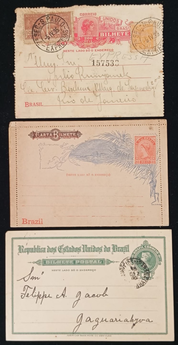 Brasil - Seleção de antigos inteiros postais, circulados ou não do tipo Carta Bilhete e Bilhete postal, diferentes e em perfeito estado de conservação. Valor de catálogo acima de R$ 200,00. As peças são exatamente as da ...