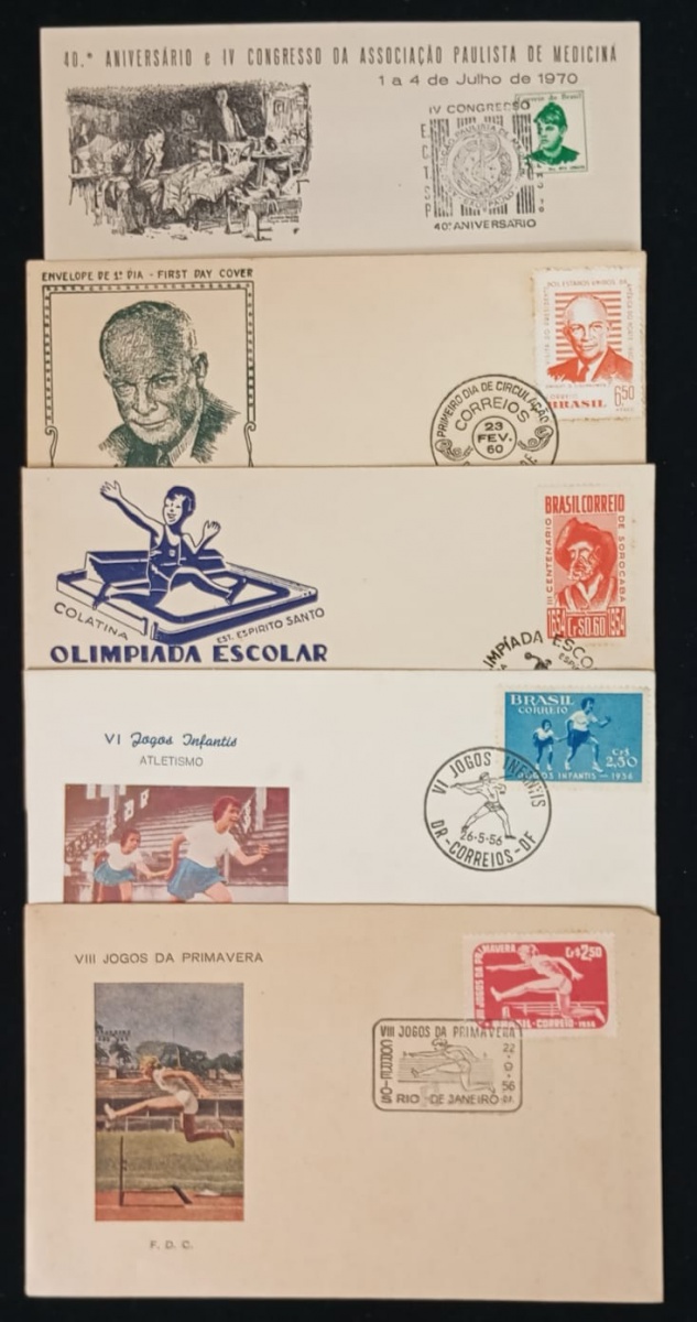 Brasil - Seleção de 5 envelopes timbrados, todos diferentes, temáticos e perfeitos com selos e carimbos comemorativos.