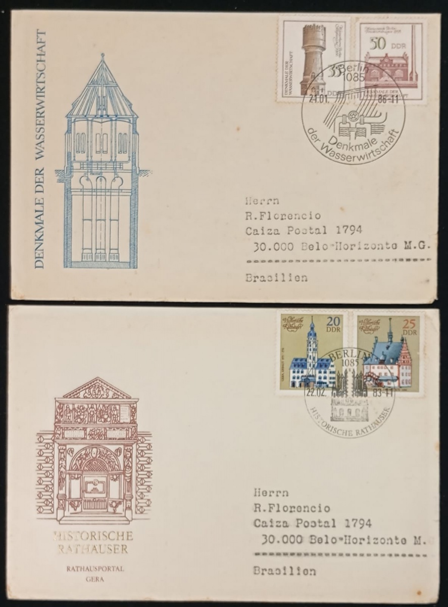 Alemanha DDR - Seleção de 2 envelopes FDC's com selos e carimbos comemorativos.