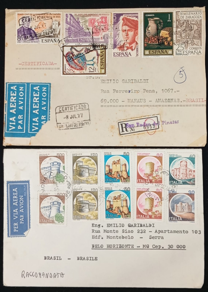 Itália e Espanha - Seleção de 2 envelopes circulados para o Brasil.
