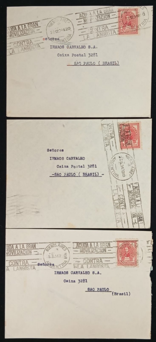 Argentina -Seleção de 3 envelopes selados e circulados para São Paulo.