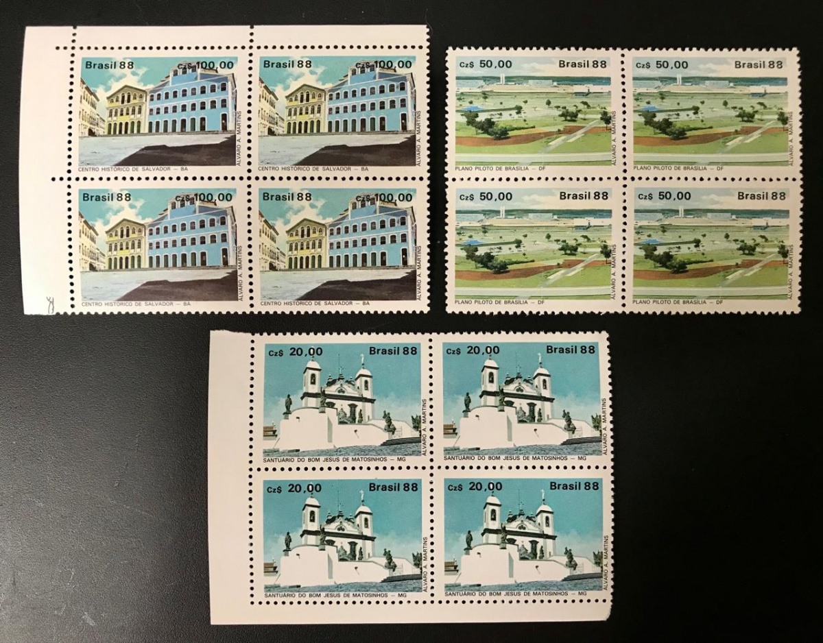 Brasil 1988 - Patrimônios Mundiais da UNESCO, série completa em quadras sem carimbo!