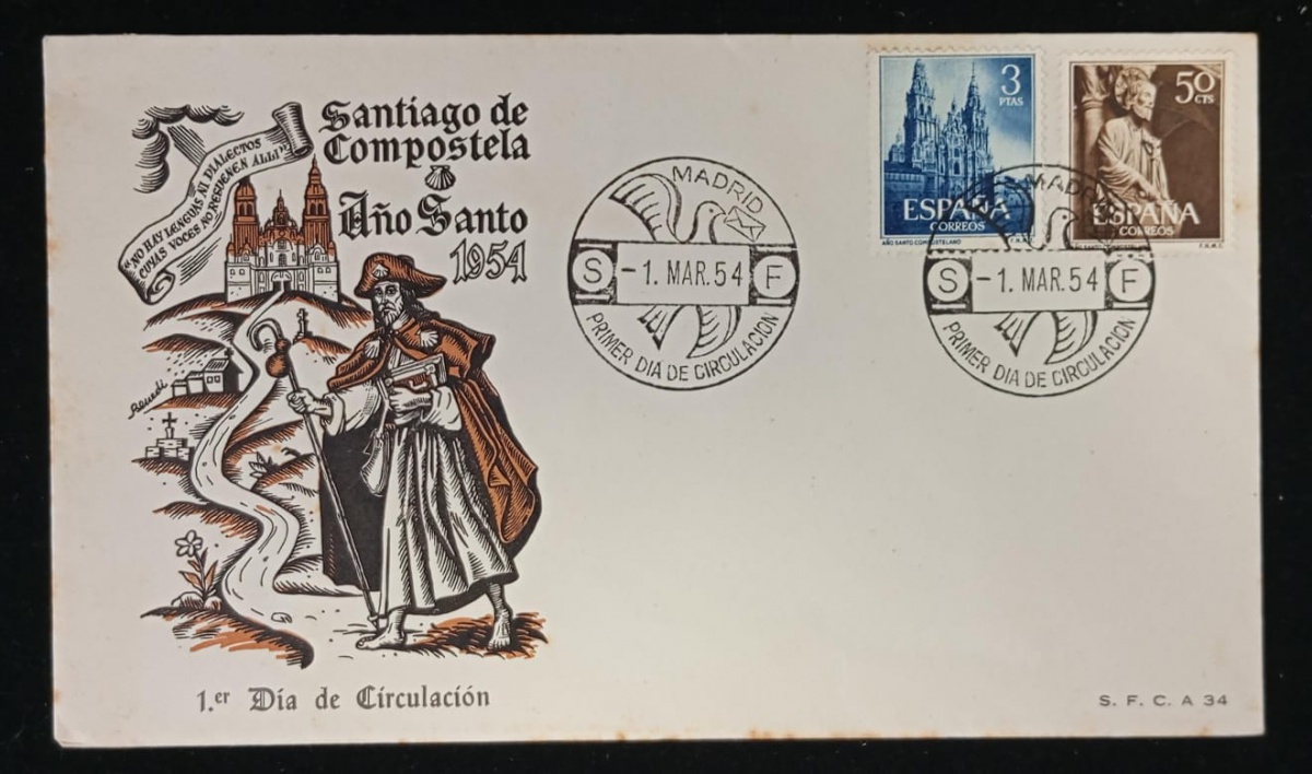 Espanha 1954 - Santiago de Compostela, envelope FDC com selos e carimbo comemoratuvo.