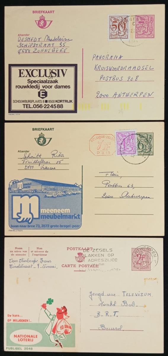 Bélgica - Seleção de 3 inteiros postais com publicidade PUBLIBEL circulados.