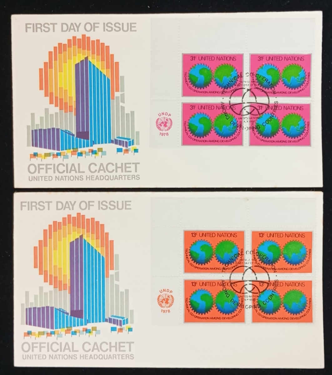 Nações Unidas 1978 - Série de 2 envelopes FDC's com selos e quadras e carimbos comemorativos.