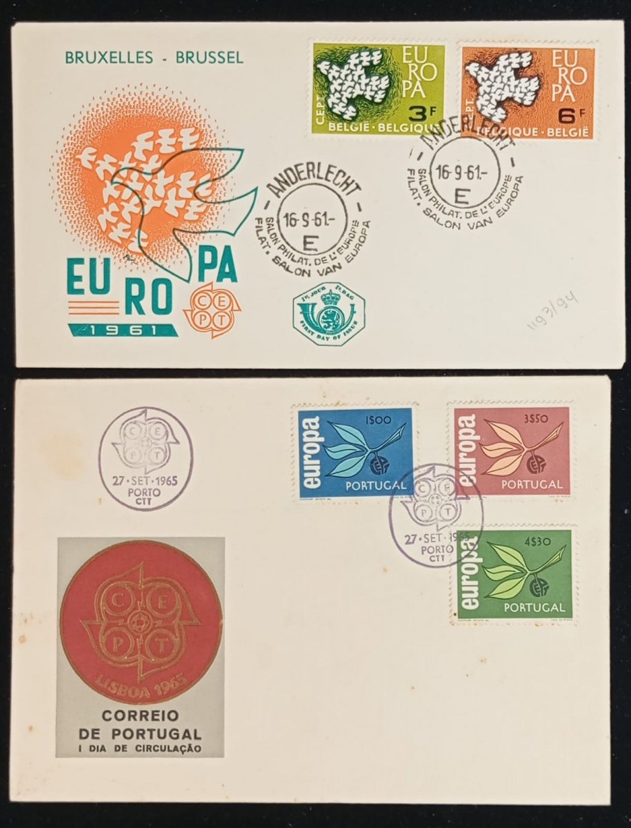 Bélgica e Portugal - Seleção de 2 envelopes oficiais da série EUROPA CEPT com selos e carimbos comemorativos.