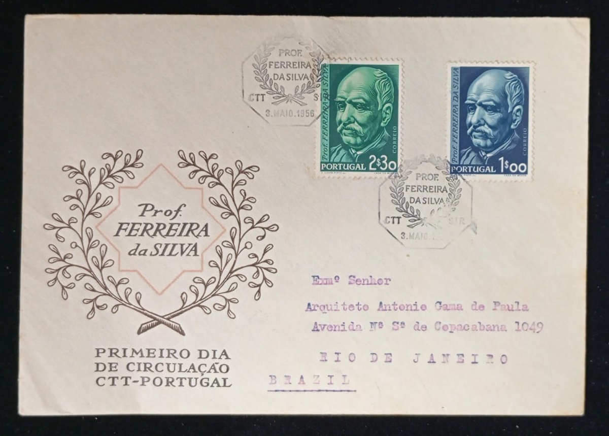 Portugal 1956 - Professor Ferreira da Silva, envelope FDC com selos e carimbos comemorativos.