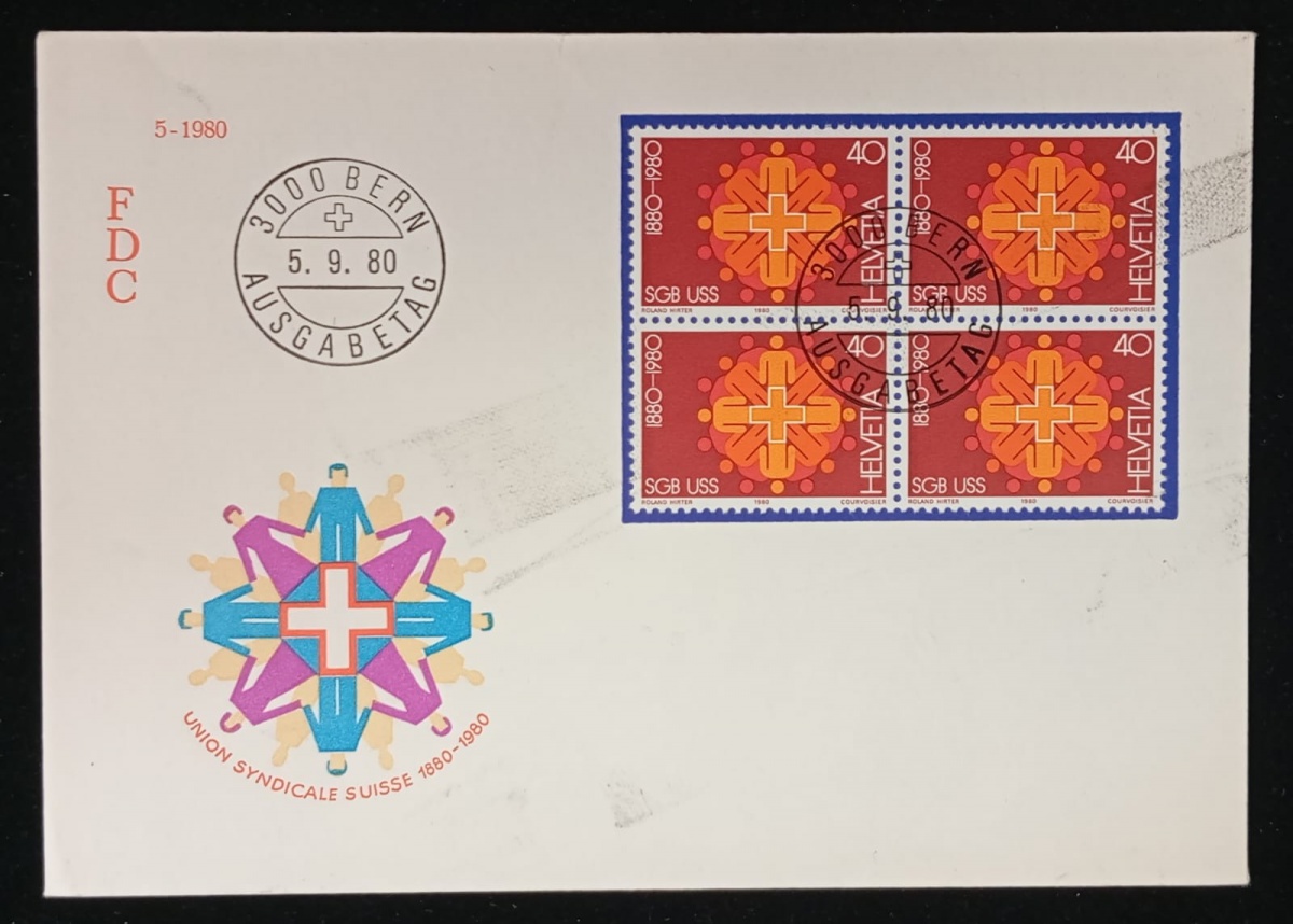Suíça 1980 - União Sindical, envelope FDC com quadra de selo e carimbo de primeiro dia de circulação.