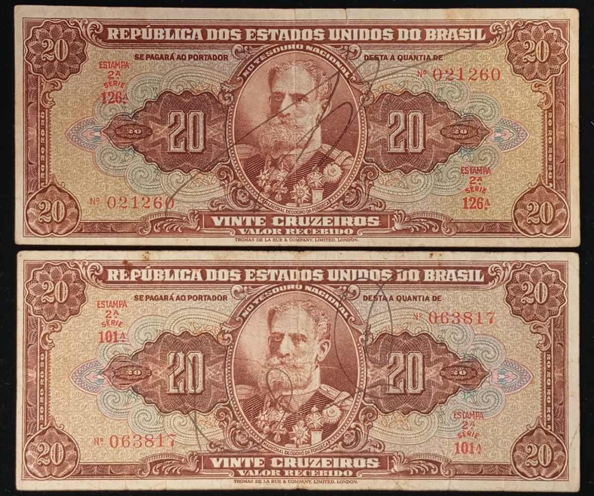 Brasil - Seleção de 2 cédulas no valor de 20 Cruzeiros, Deodoro da Fonseca, séries 101 e 126, AUTOGRAFADAS em muito bom estado de conservação.