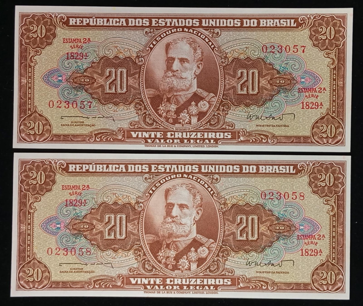 Brasil - Seleção de 2 cédulas no valor de 20 Cruzeiros, Deodoro da Fonseca, série 1829, Thomas de la Rue em estado FLOR DE ESTAMPA.