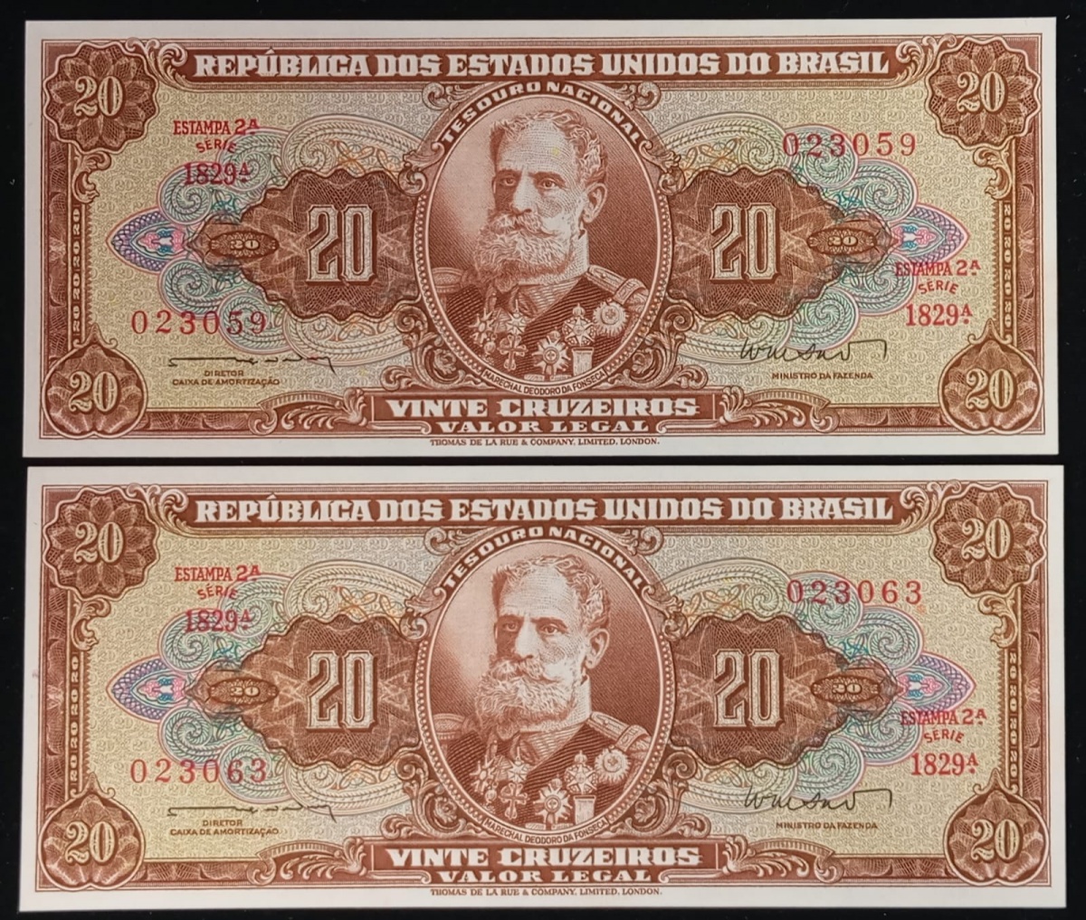 Brasil - Seleção de 2 cédulas no valor de 20 Cruzeiros, Deodoro da Fonseca, série 1829, Thomas de la Rue em estado FLOR DE ESTAMPA.