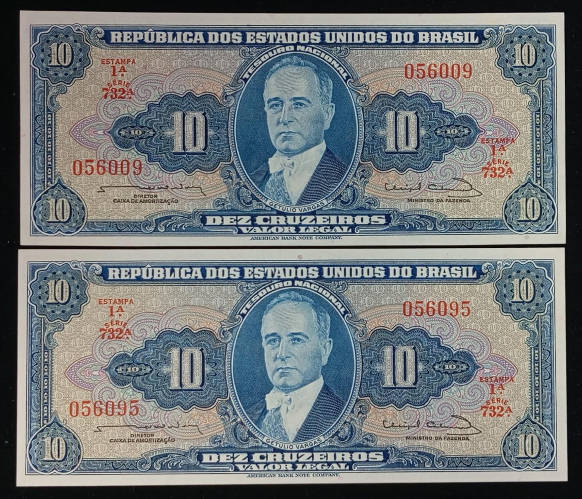 Brasil - Seleção de 2 cédulas no valor de 10 Cruzeiros, Getúlio Vargas, série 732 em estado flor de estampa.