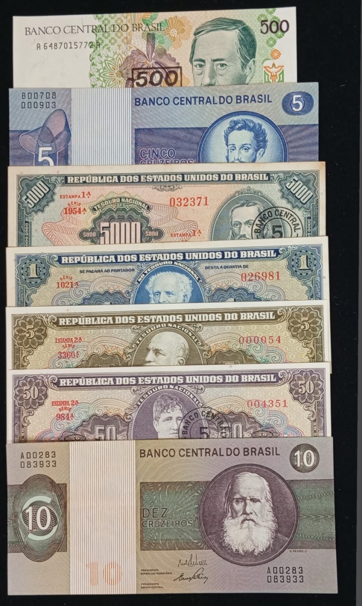 Brasil - Seleção de 7 cédulas do Brasil em ótimo estado de conservação, ou flor de estampa ou com mínima marca de dobra central. Oportunidade.