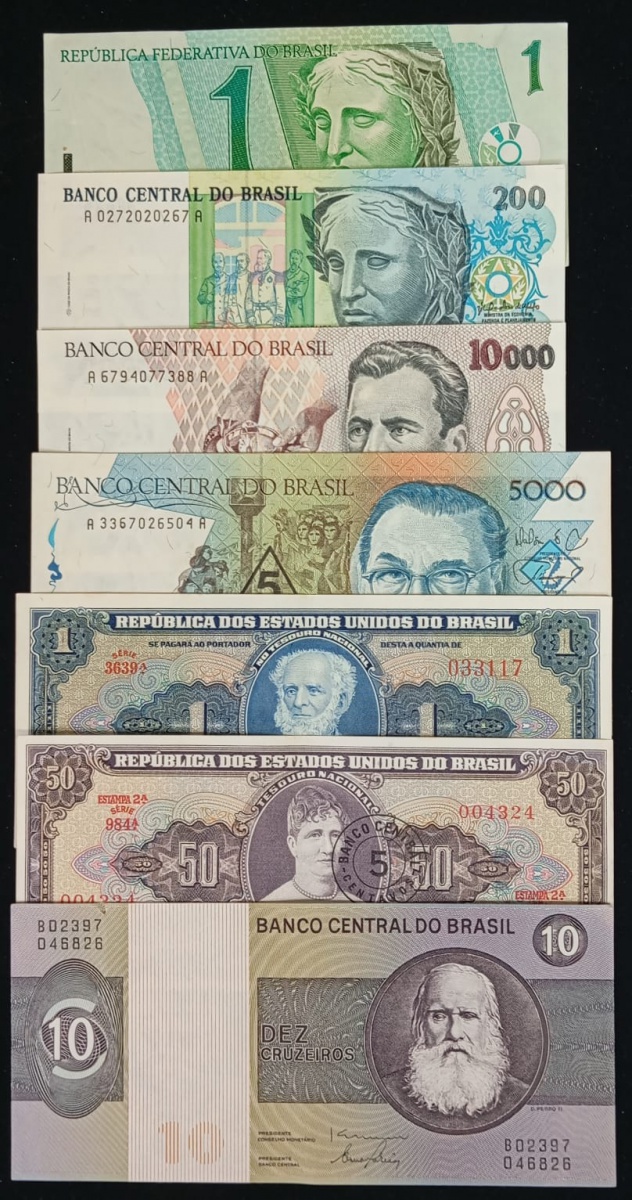 Brasil - Seleção de 7 cédulas do Brasil em ótimo estado de conservação, ou flor de estampa ou com mínima marca de dobra central. Oportunidade.