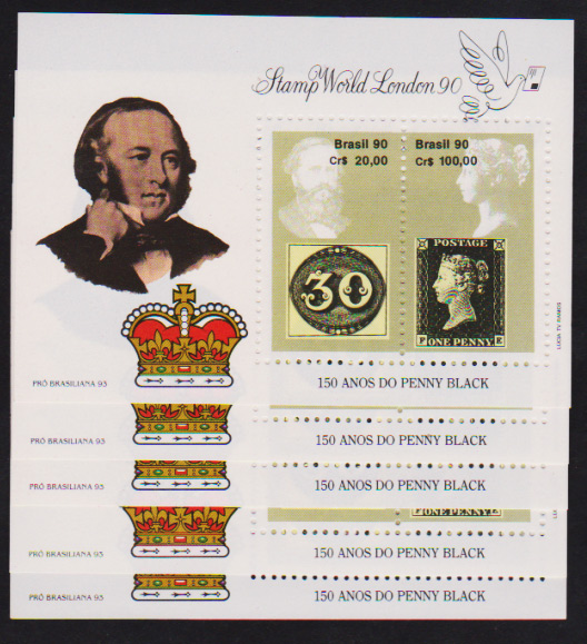 Brasil 1990 - 150 anos do Penny Black. Seleção de 5 blocos sem carimbo com goma perfeita. Oportunidade.