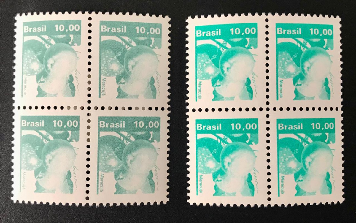 Brasil - 10,00 Maracujá, selo regular, 2 quadras sem carimbo em cores diferentes!