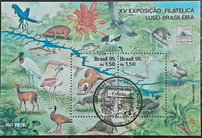 Brasil 1995 - Tietê, bloco filatélico com carimbo comemorativo.