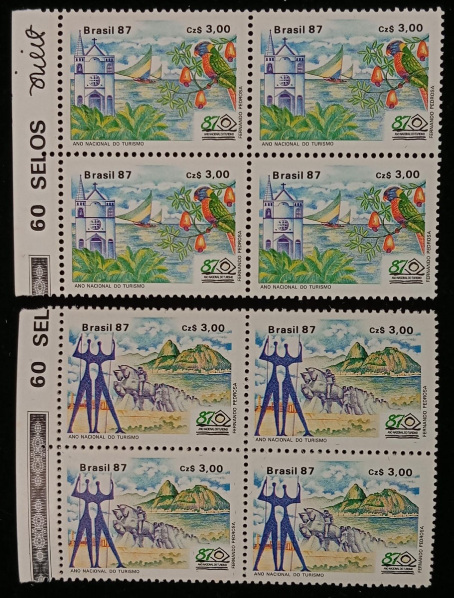 Brasil 1987 - Turismo, série completa em quadras sem carimbo con goma.