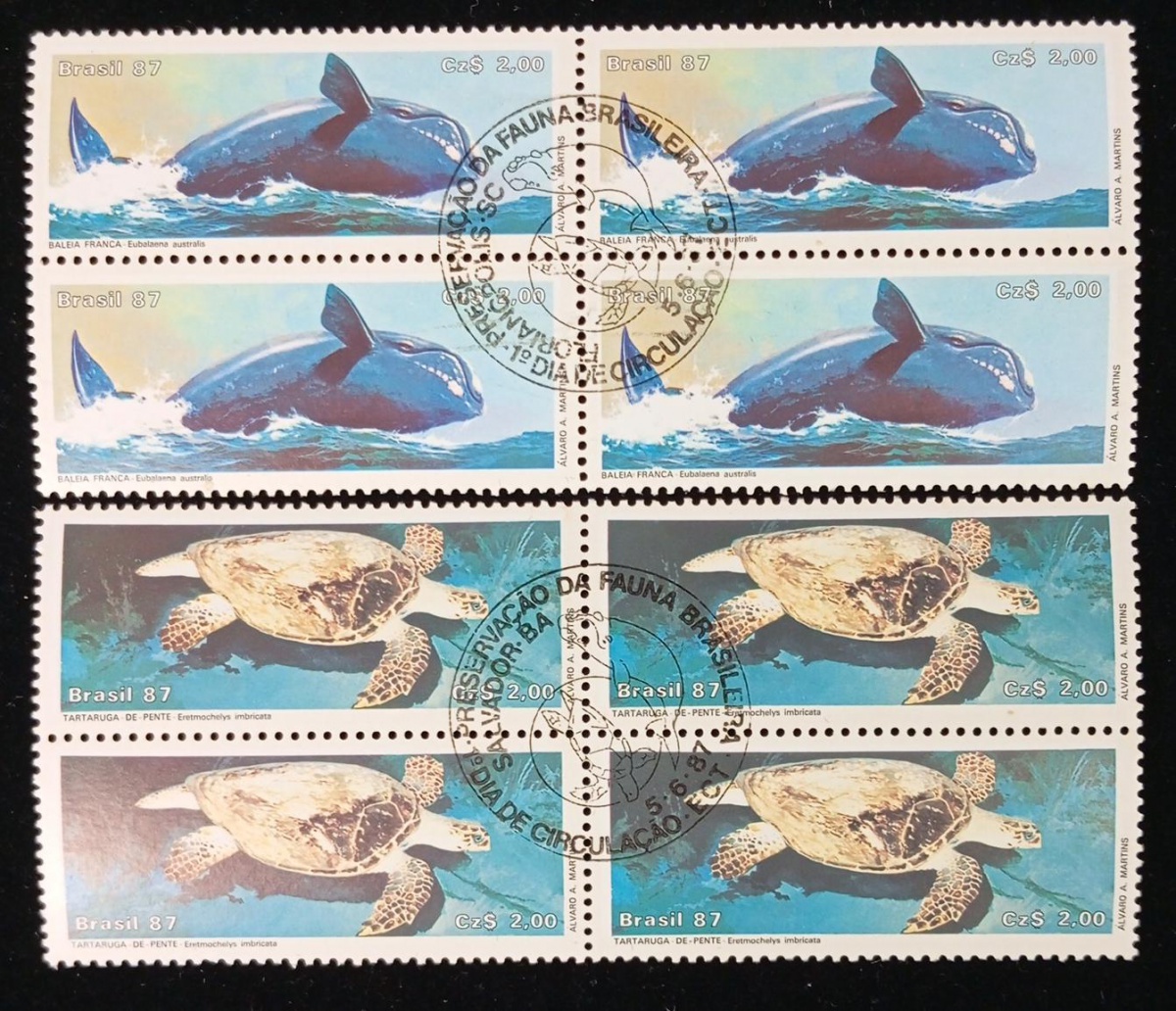 Brasil 1987 - Fauna marinha, série completa em quadras com carimbos comemorativos.