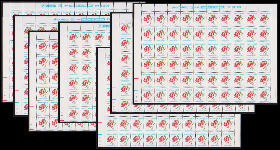 Brasil 1990 - Selo regular no valor de 100 Cruzados, Crista de Galo, seleção de 7 folhas completas de 110 selos cada, todas sem carimbo com goma perfeita! Catálogo RHM 682. Valor de catálogo em R$ 2.695,00!